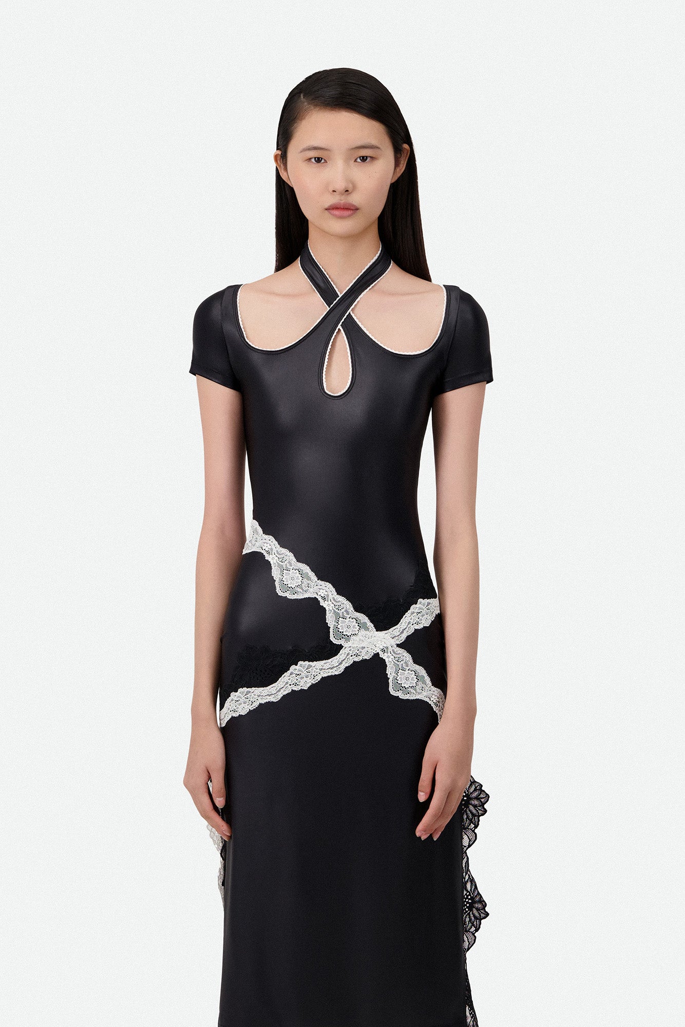 SLIM FIT MIDI DRESS W/CROSSED NECKLINE