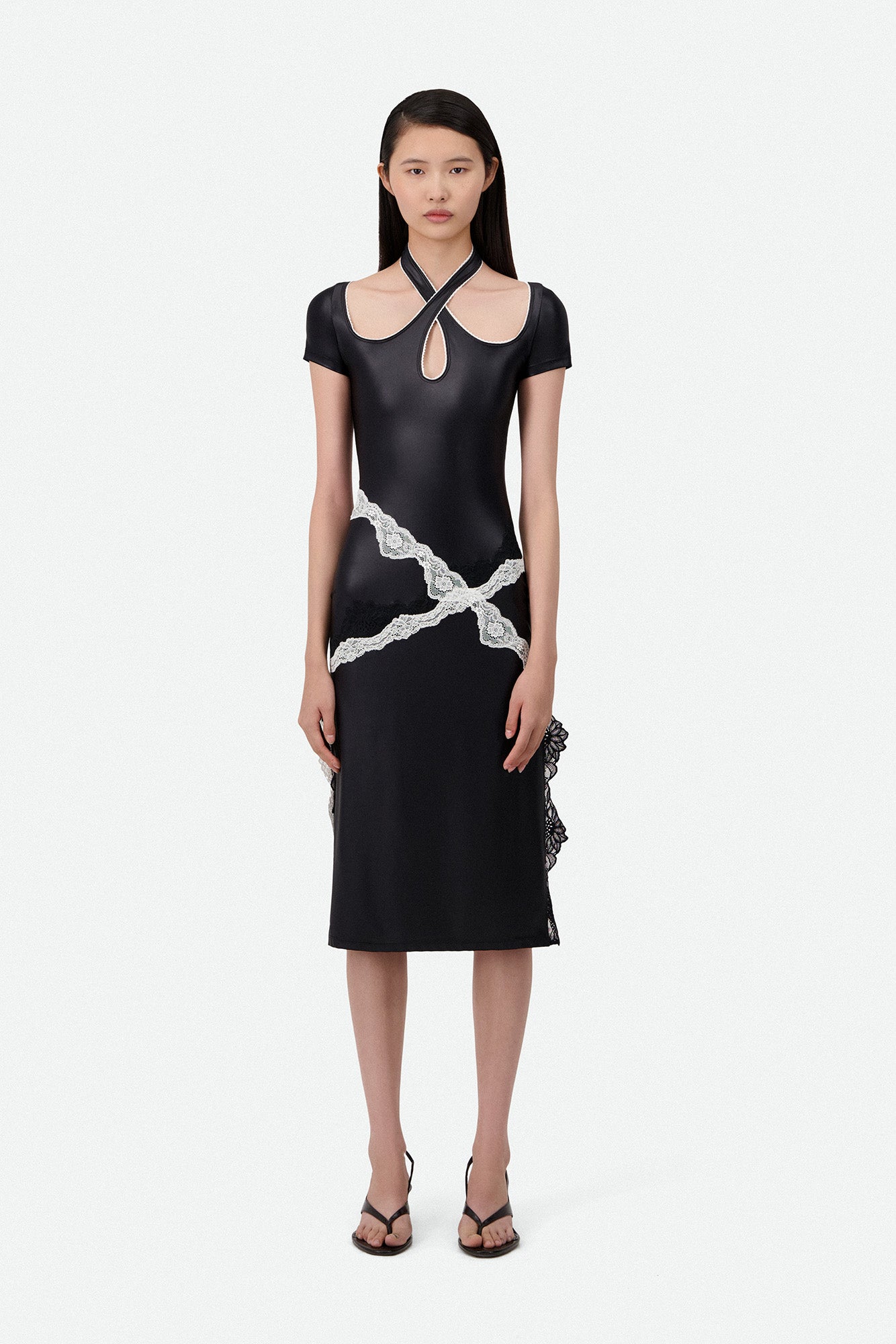SLIM FIT MIDI DRESS W/CROSSED NECKLINE