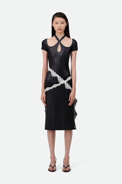 SLIM FIT MIDI DRESS W/CROSSED NECKLINE