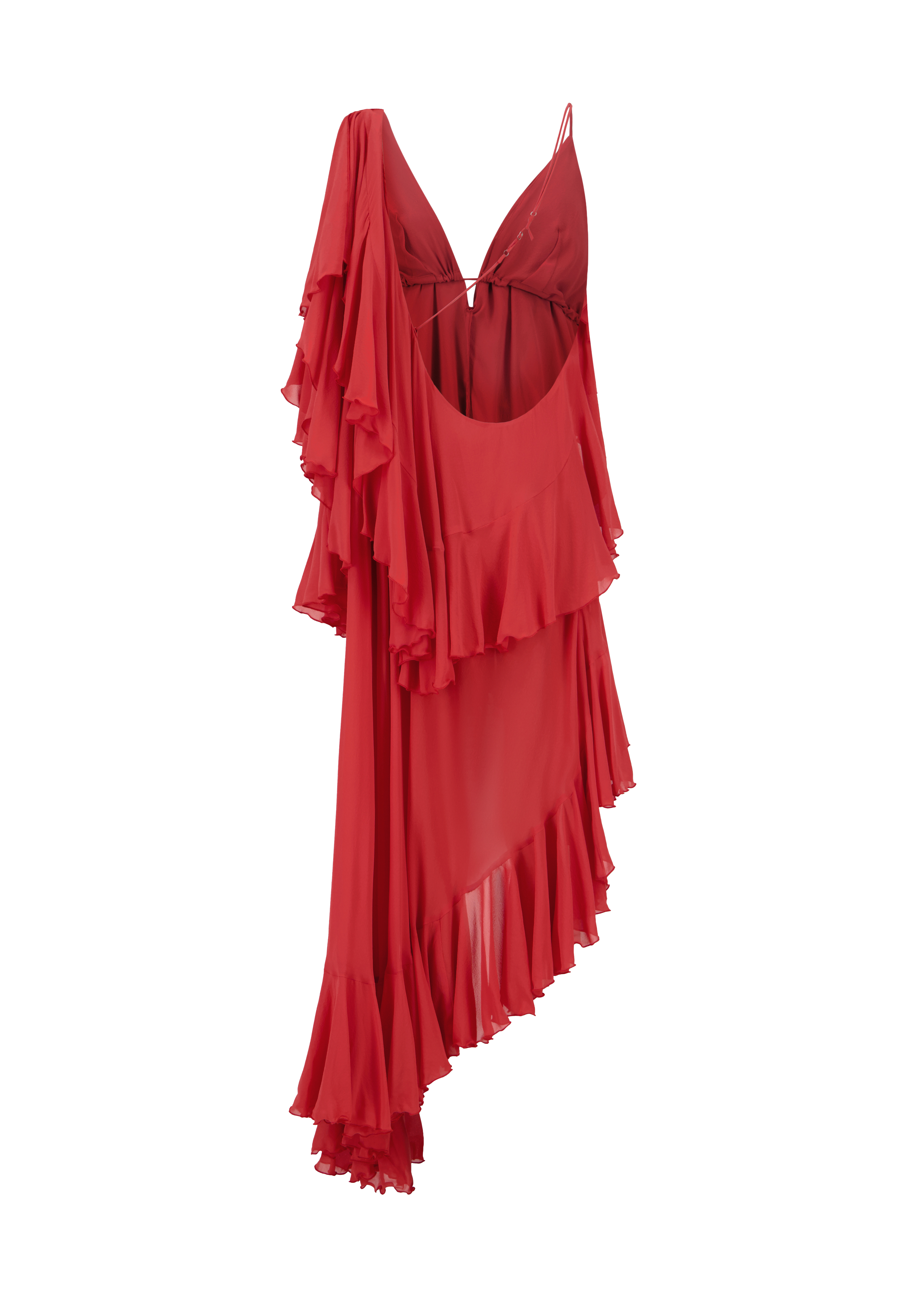 Red ruffled Vaillant Studio gown for statement wedding guest dressing
