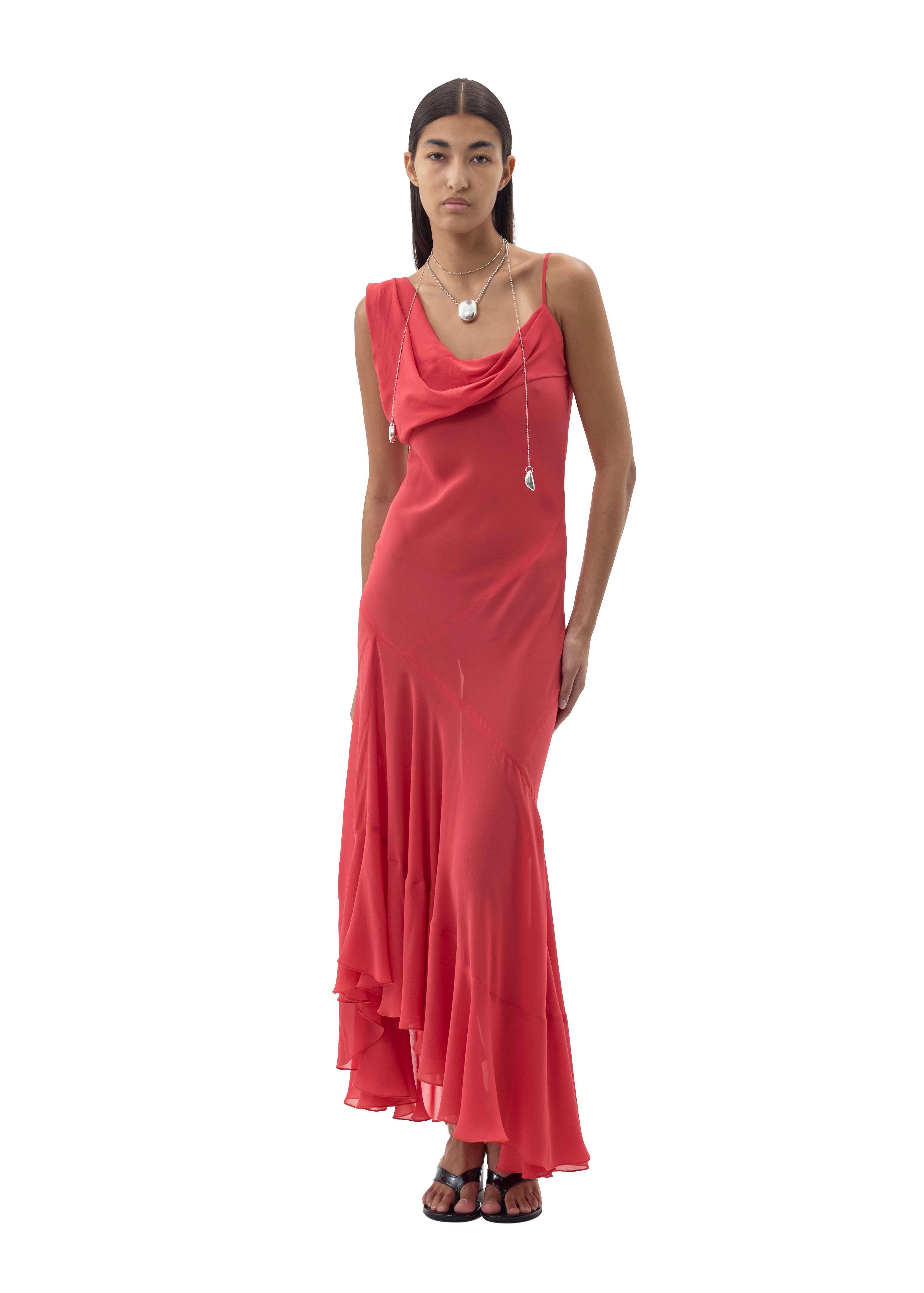 Red Vaillant Studio gown for black tie wedding guest dressing