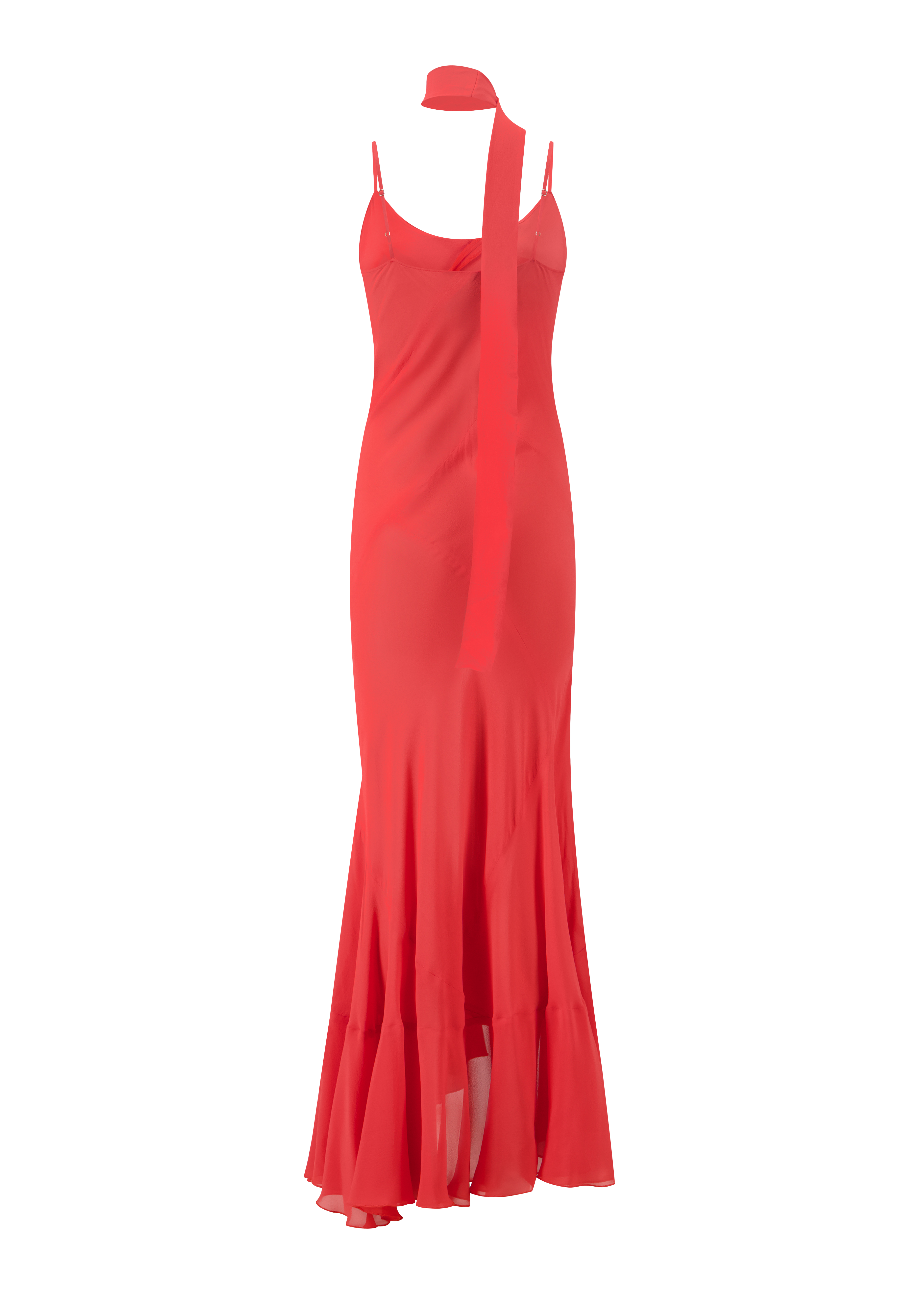 Red Vaillant Studio gown for black tie wedding guest dressing