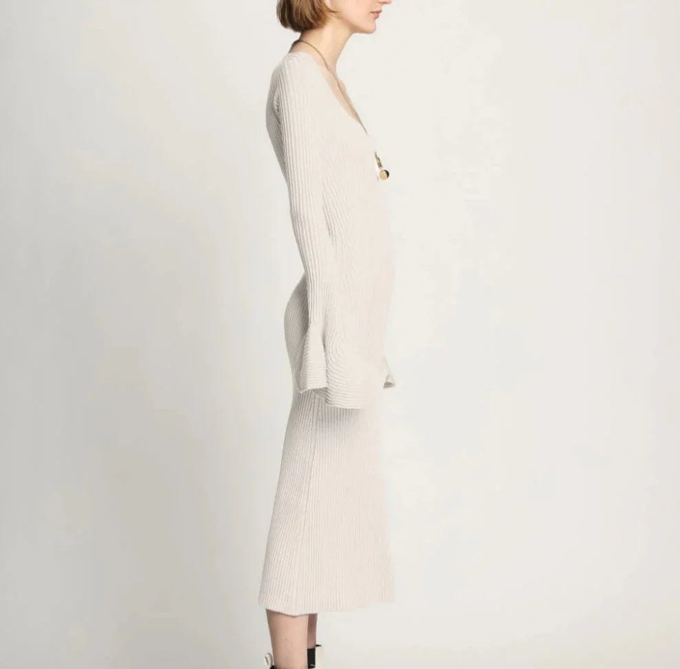 FLUTED RIB KNIT DRESS - CREME