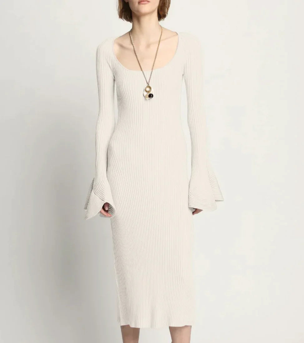 FLUTED RIB KNIT DRESS - CREME