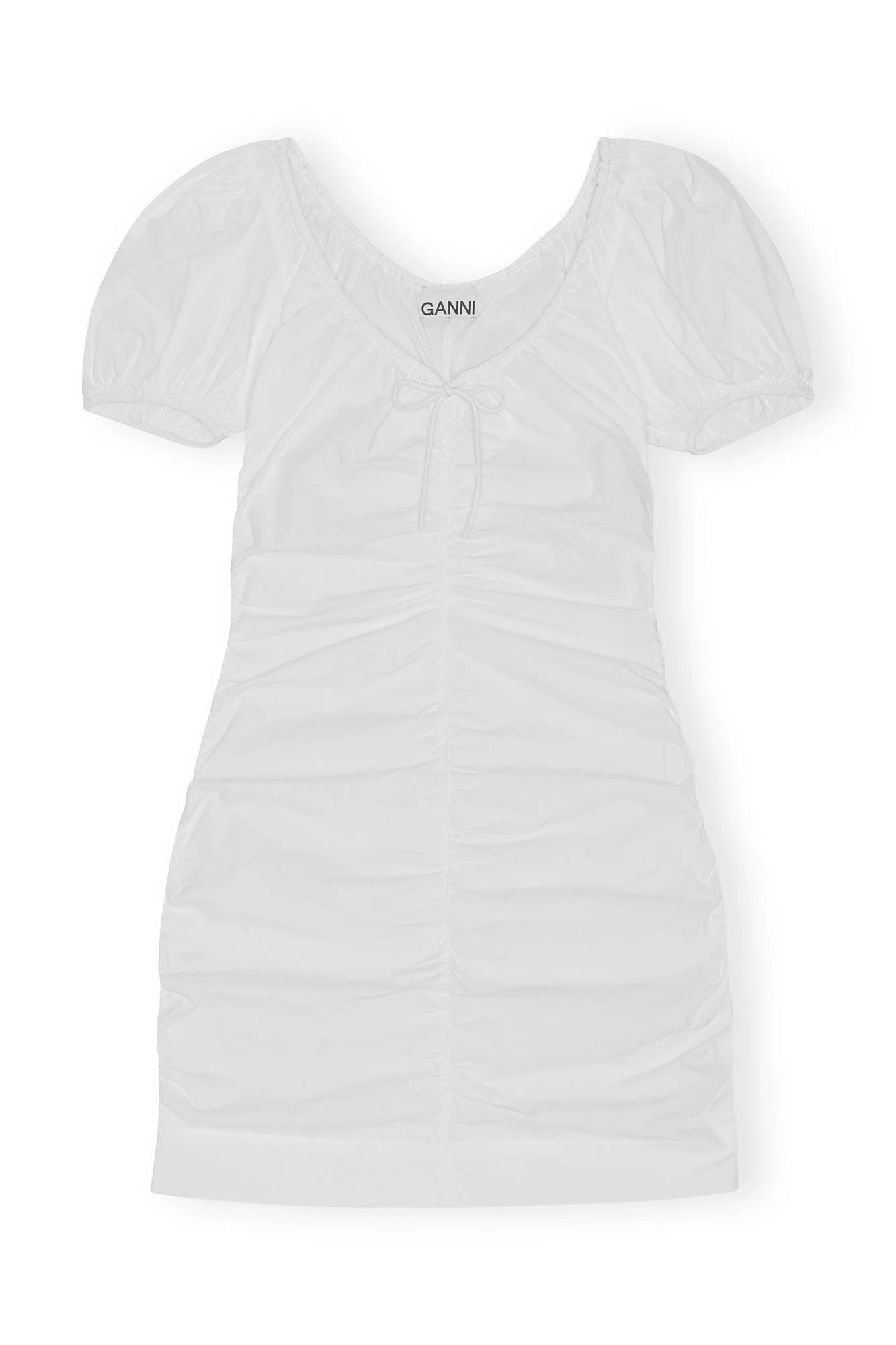 COTTON POPLIN GATHERED U-NECK MINI DRESS