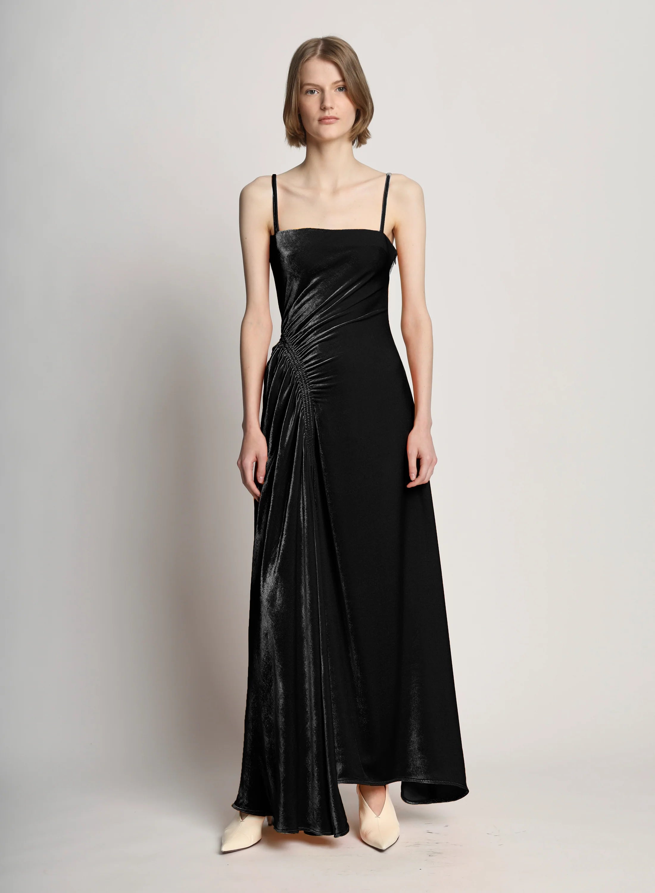 SILK VISCOSE VELVET GATHERED DRESS