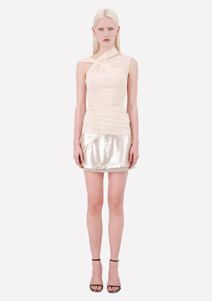 JERSEY MESH TANK TOP WITH KNOTTED TWIST NECKLINE