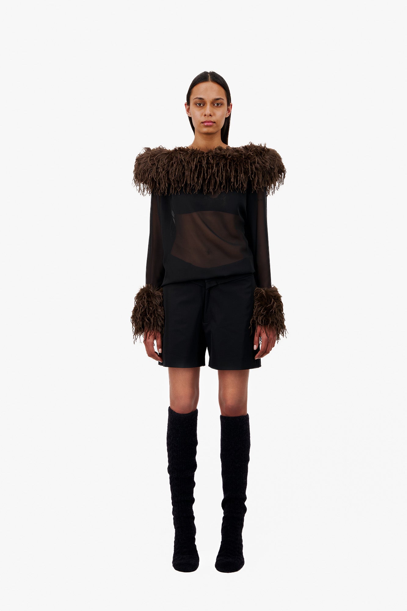 LONG SLEEVE CHIFFON TOP WITH FAUX FEATHER COLLAR