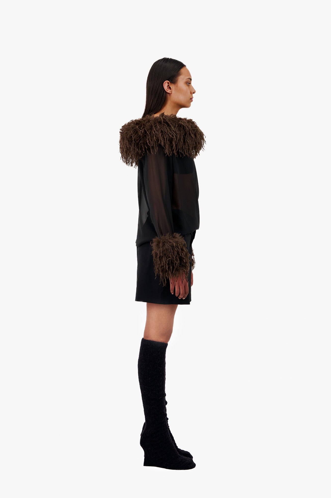 LONG SLEEVE CHIFFON TOP WITH FAUX FEATHER COLLAR
