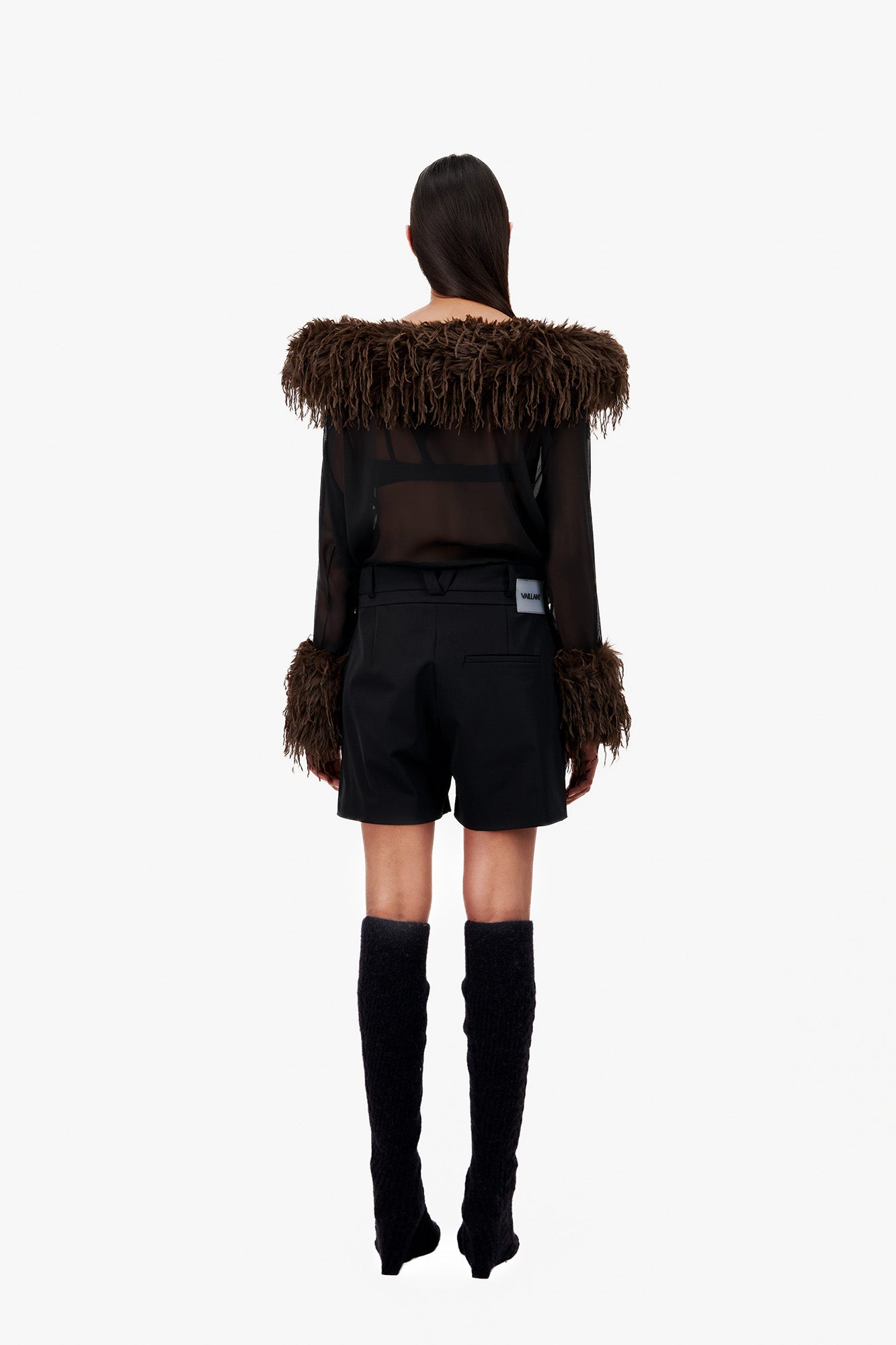 LONG SLEEVE CHIFFON TOP WITH FAUX FEATHER COLLAR