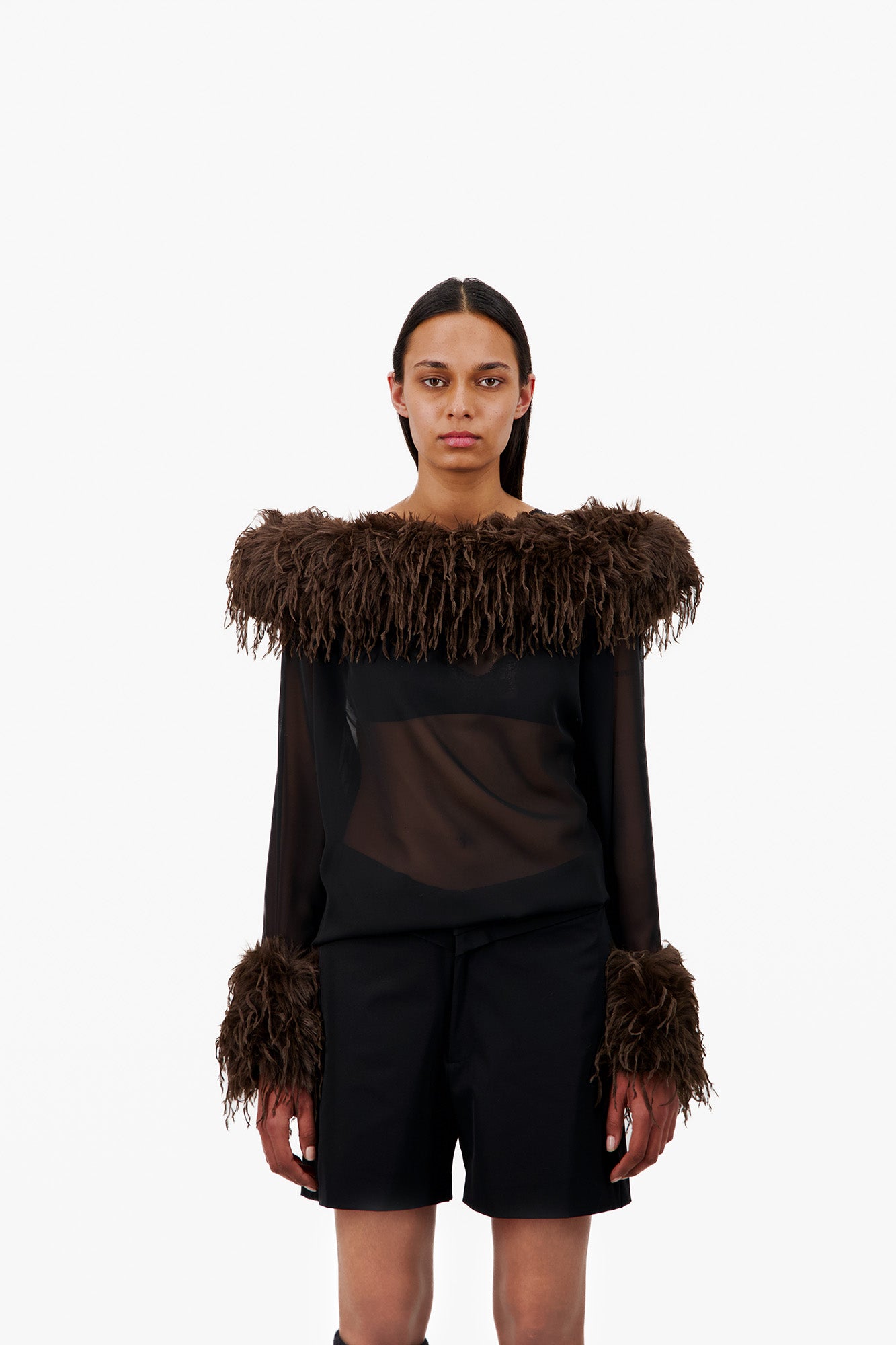 LONG SLEEVE CHIFFON TOP WITH FAUX FEATHER COLLAR