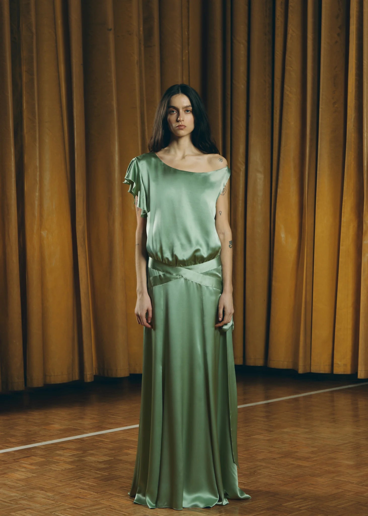 Mint green Teresa Helbig satin dress for daytime wedding guest dressing