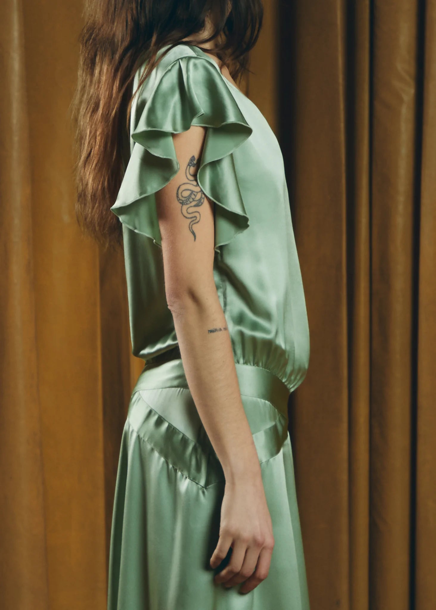 Mint green Teresa Helbig satin dress for daytime wedding guest dressing