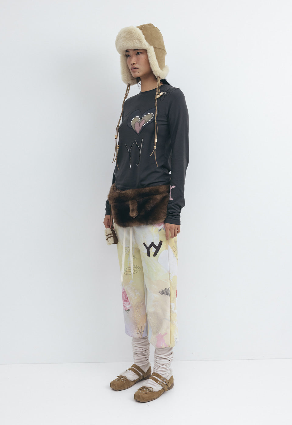 Shearling Heart Stud Ballet Flats