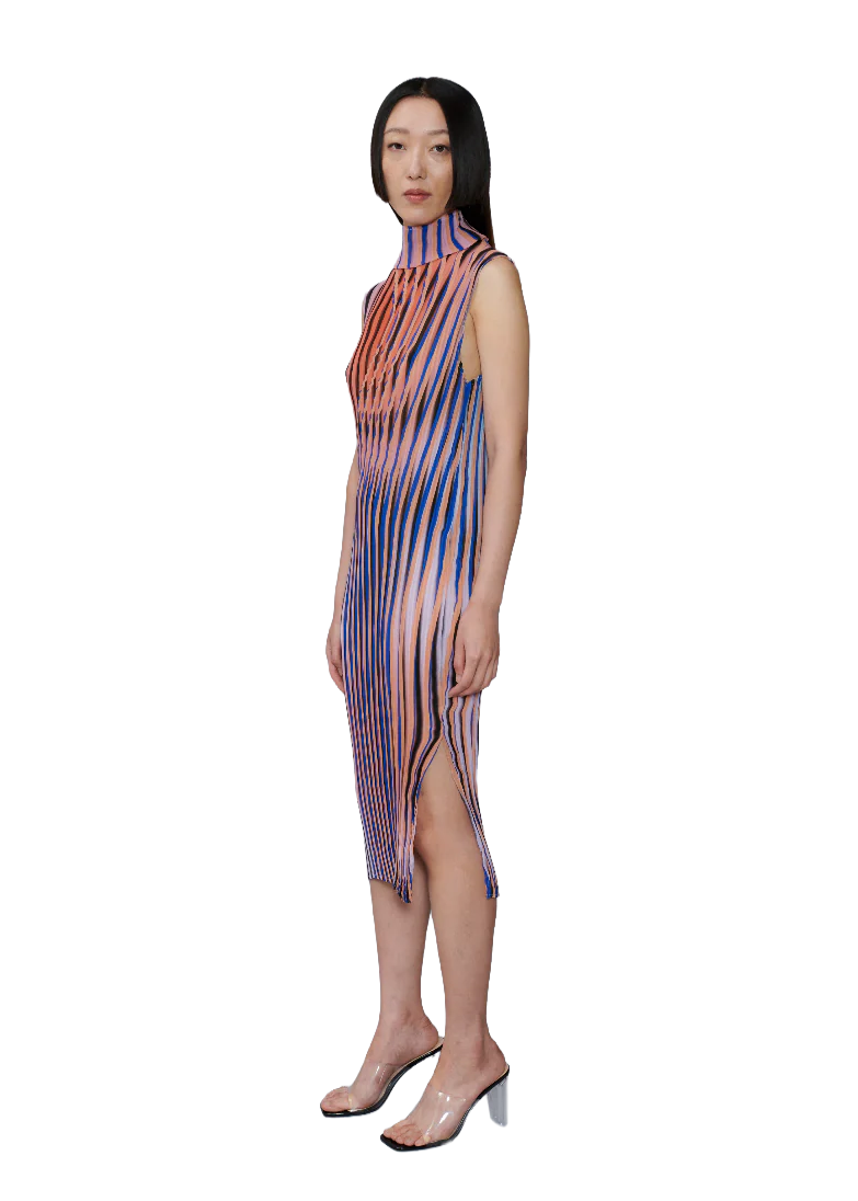 Striped Julia Heuer pleated dress for contemporary wedding guest dressing