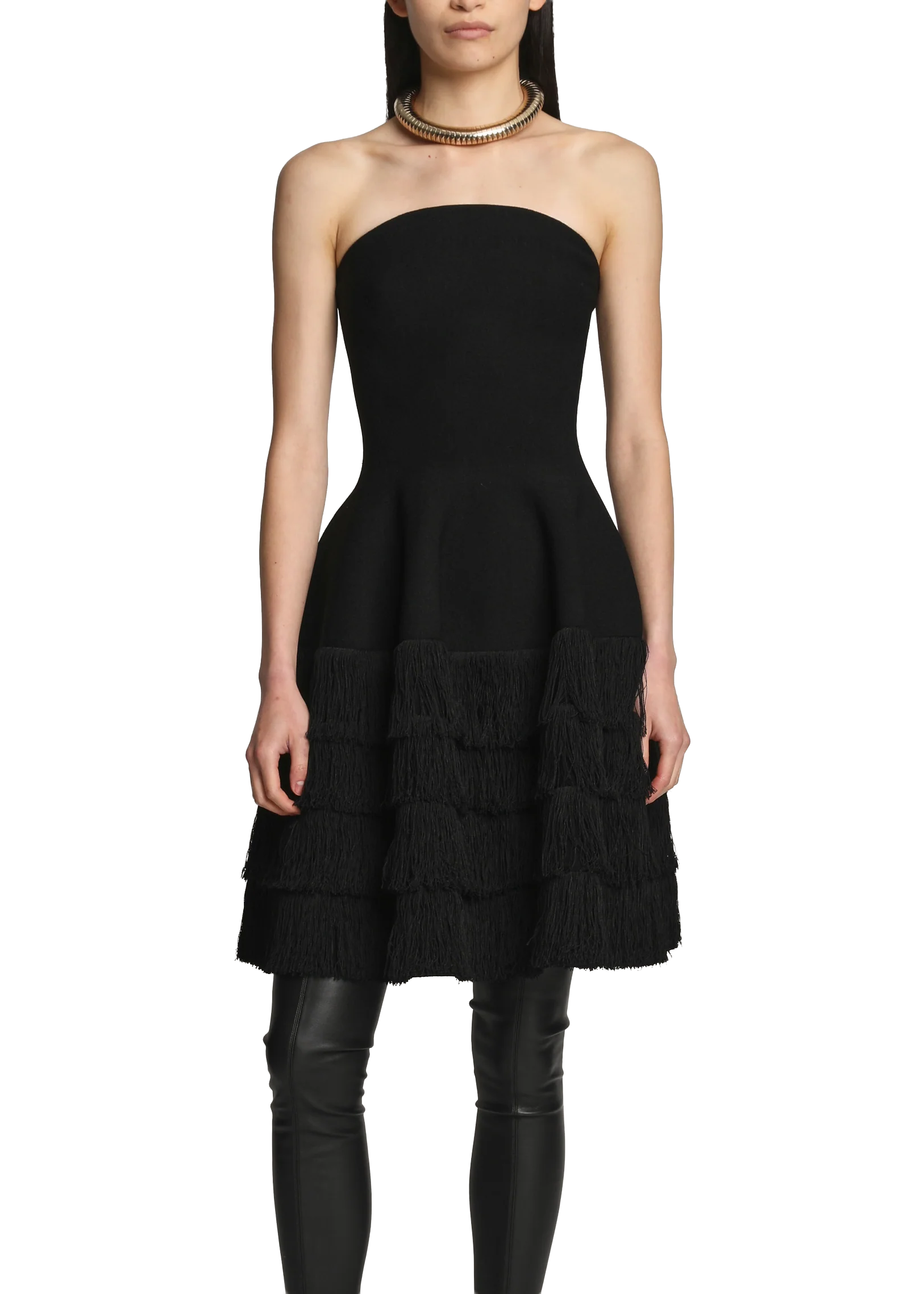 TEXTURED FRINGE KNIT SCULPTED DRESS