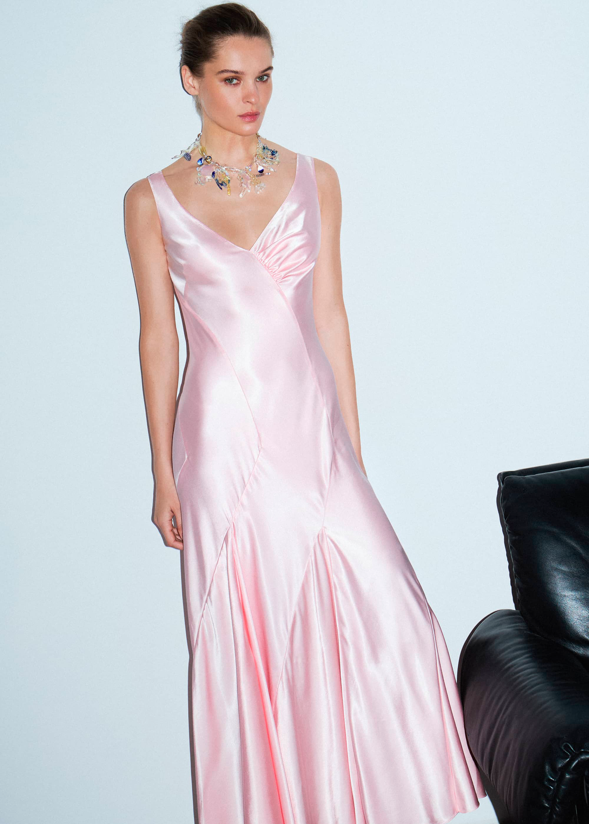 Pink satin Anna October dress for daytime wedding guest dressing
