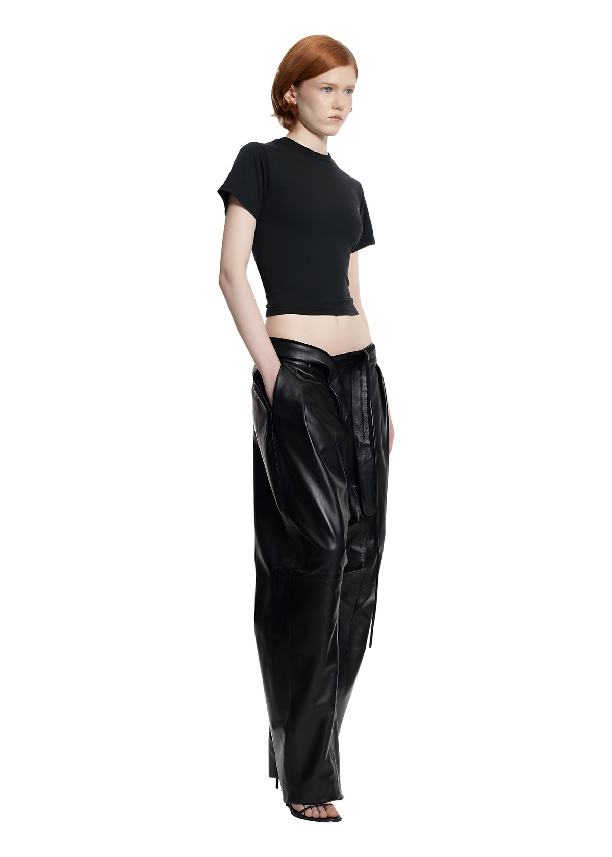 STRAPPED BAGGY LEATHER PANTS - BLACK