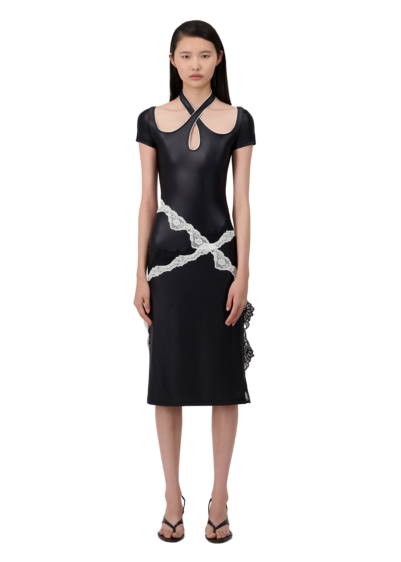 SLIM FIT MIDI DRESS W/CROSSED NECKLINE
