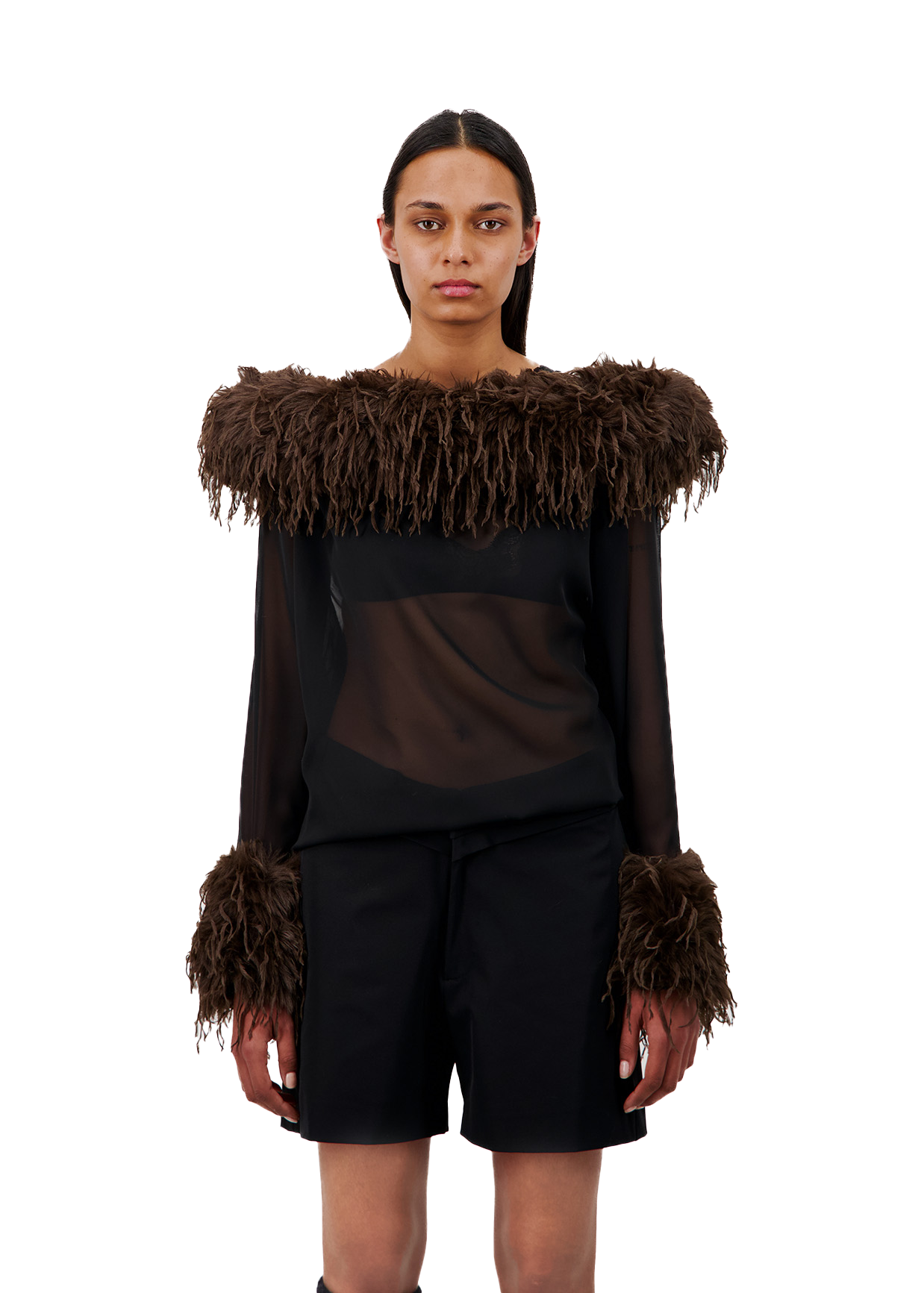 LONG SLEEVE CHIFFON TOP WITH FAUX FEATHER COLLAR